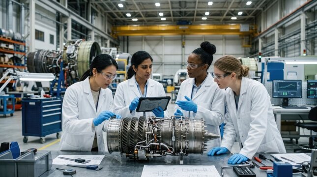 A diverse group of researchers and scientists work together on important scientific studies in a bright modern laboratory