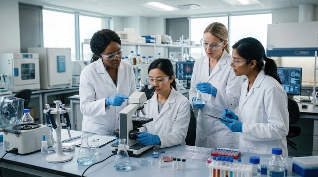 Diverse team of scientists collaborating in a modern laboratory setting conducting important medical research and analysis