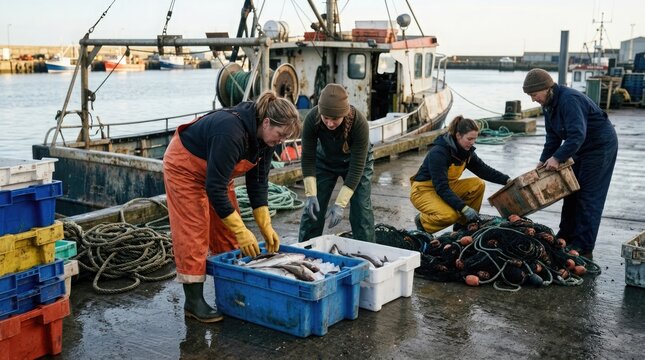 Dedicated fishermen are actively unloading a bountiful fresh catch of fish from their boat at the harbor early in the morning