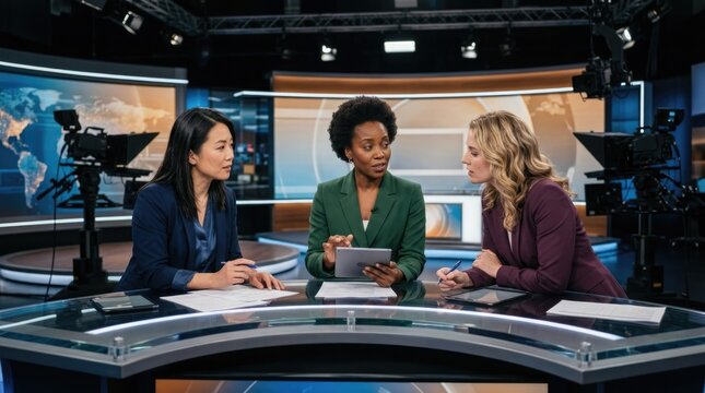 Diverse group of female news anchors and journalists working together on a live broadcast in a studio