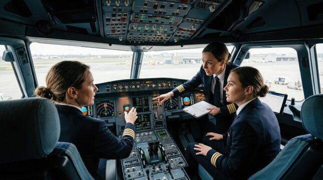 Pilots in the cockpit of a commercial airplane preparing for takeoff with a snowy landscape visible
