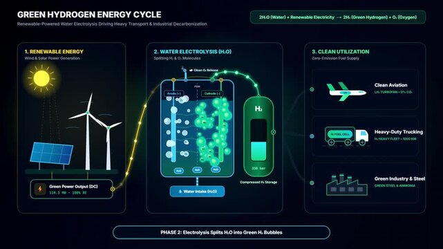 Green Hydrogen Energy Cycle and Electrolysis Infographic Animation