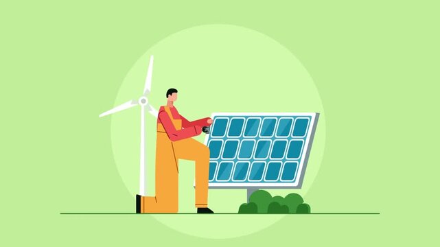 Technician Installing Solar Panel with Wind Turbine Green Energy Animation