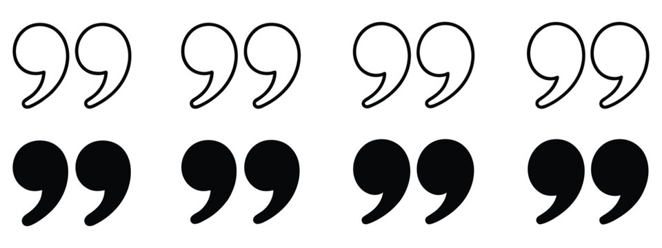 Quotation Mark Icons Featuring Double Quotes, Inverted Commas, and Speech Marks in Solid and Outline Typography Styles for Editable Vector Designs