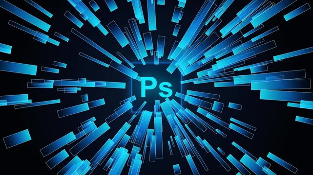 Blue digital tunnel with Adobe Photoshop icons, abstract technology data flow, glowing 3D grid, modern software intro background