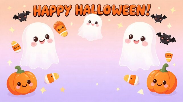 Cute Halloween Greeting Card with Friendly Ghosts Smiling Pumpkins and Pastel Stars