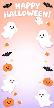Cute Halloween Greeting Card with Friendly Ghosts Smiling Pumpkins and Pastel Stars