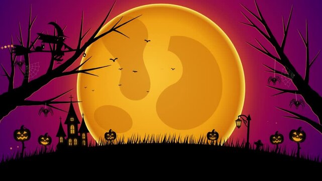 Halloween Animation Background with Haunted House Moon and Cauldron