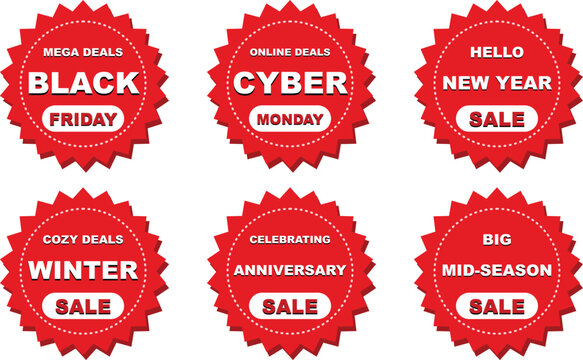 Red sale badges and sticker vector set. Includes labels for Black Friday, Cyber Monday, New Year sale, Winter sale, and Anniversary. Promotional discount graphics for retail events.