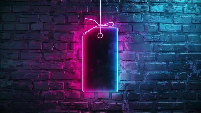 Blank hanging neon sale tag with tied string on dark brick wall cyberpunk background copy space