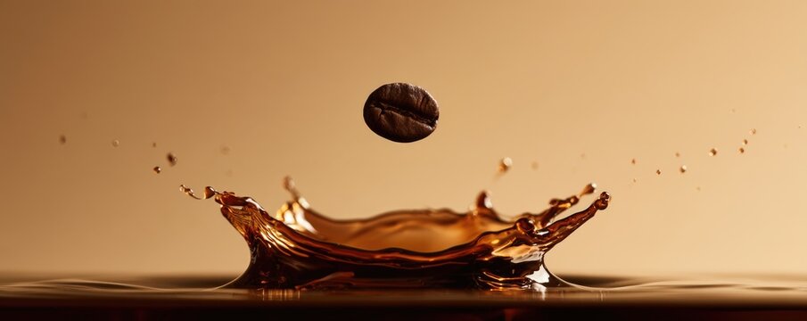 A coffee bean drops into a splash of dark coffee liquid, captured mid-air with droplets radiating outward against a warm beige background.