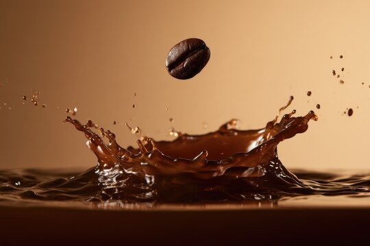 A coffee bean splashes into dark liquid, creating dynamic droplets and ripples against a warm brown background.