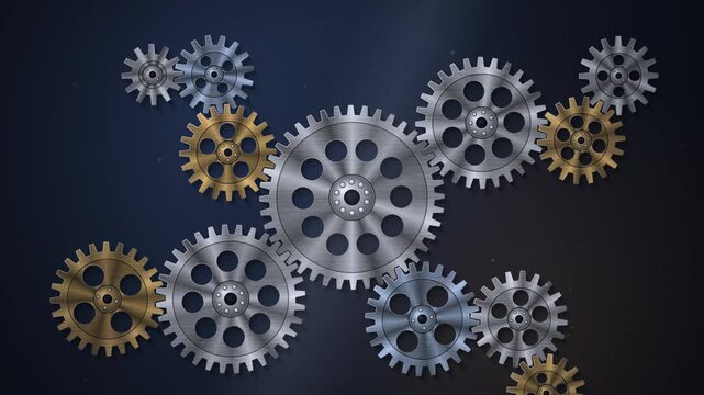 Abstract mechanical arrangement of metal gears and cogs on a dark blue background.