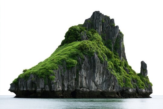 A rocky island covered in lush green vegetation rises sharply from calm waters against a plain white background.