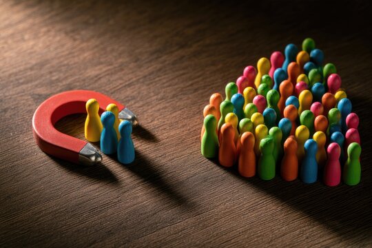 A red horseshoe magnet attracts a few colorful wooden figures, separated from a larger crowd of similar figures on a wooden surface.