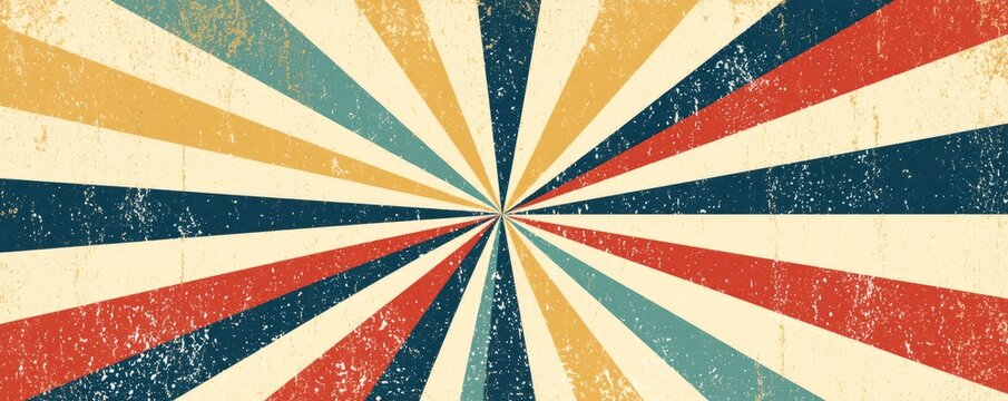 A vintage-style radial burst pattern with alternating rays in red, blue, beige, and gold, featuring a distressed texture for an aged, retro look.