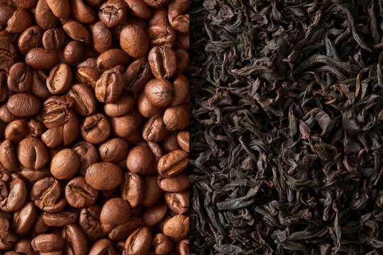 Close-up image showing roasted coffee beans on the left and dried tea leaves on the right, highlighting their textures and colors.