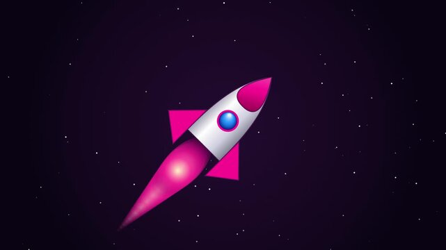 Cartoon rocket ship flying through deep space, stylized pink spaceship launching with bright exhaust, cosmic animation for startup and tech