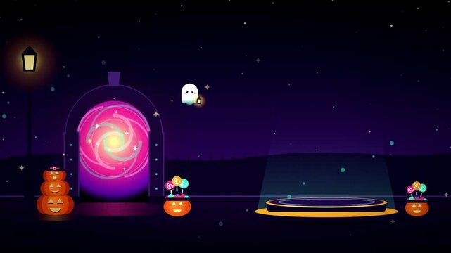 Halloween Podium with Magic Portal and Cute Ghost Animated Background