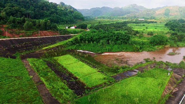 At Da Lay Irrigation Reservoir in Lam Dong, Vietnam, green fields stretch across the land. Water flows through the area, showcasing the rural landscape. The sun shines over the mountains.