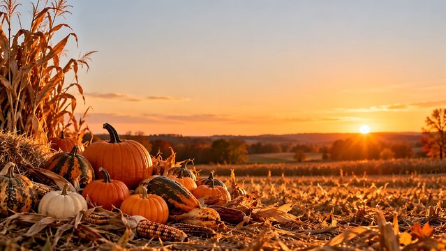 Sunset over harvested corn field featuring pumpkins scattered on ground with corn stalks under golden evening light creating warm atmosphere for seasonal festival.