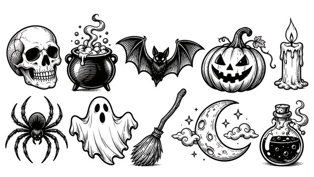 Spooky halloween illustration set with detailed line art of skull cauldron bat pumpkin candle spider ghost broom moon and potion on white background for print.