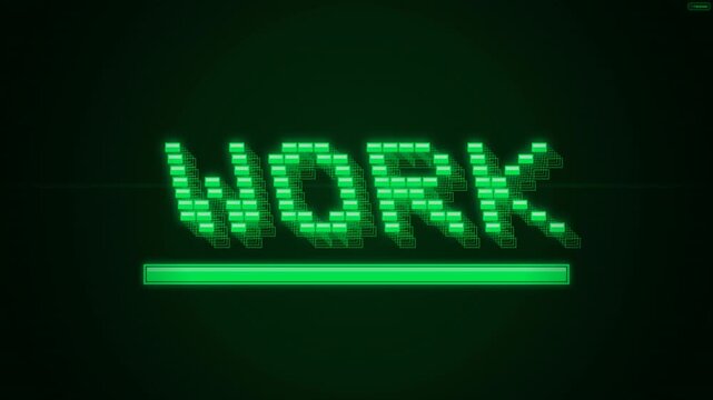 Cyberpunk terminal CRT monitor aesthetic with 3D segmented phosphor green WORK typography, horizontal glitch slice displacement, and animated loading.