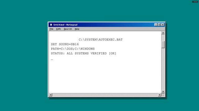 Authentic vintage Windows 95/98 Untitled Notepad application window with File Edit Search Help menu bar, scrollbars, typewriter text animation, and di.