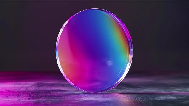Blank holographic iridescent circular discount sticker mockup on dark background copy space