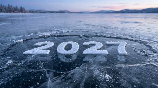 Frozen lake with the year 2027 written in snow winter landscape and new year celebration