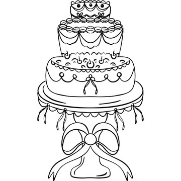 Cute tiered birthday cake doodle vector illustration, hand drawn celebration cake coloring page icon isolated on white background