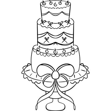 Cute tiered birthday cake doodle vector illustration, hand drawn celebration cake coloring page icon isolated on white background