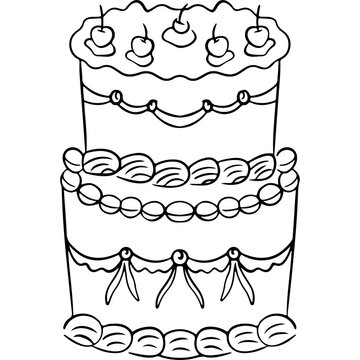 Cute tiered birthday cake doodle vector illustration, hand drawn celebration cake coloring page icon isolated on white background