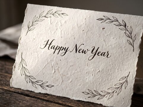 Handwritten happy new year message on textured paper with floral wreath and calligraphy new year 2027