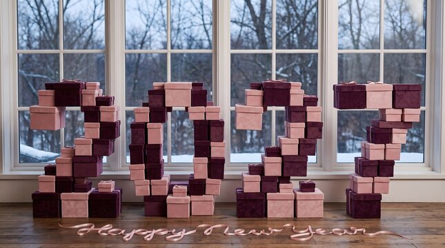 Happy new year 2027 formed from stacked gift boxes in front of a winter window scene