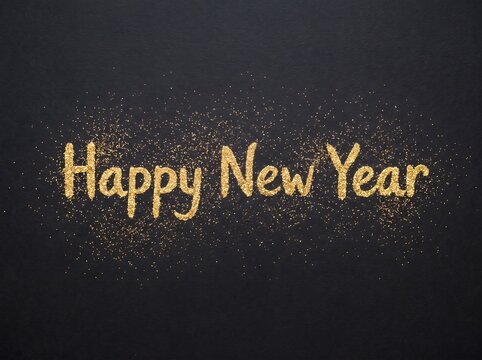 Happy new year 2027 golden text on black background with glittering dust particles