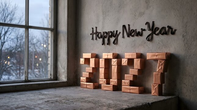 Happy new year 2027 lettering with gift boxes stacked in front of a winter window