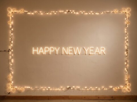 Happy new year 2027 illuminated text with decorative string lights on a beige wall