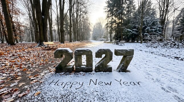 Happy new year 2027 with large stone numbers in a snowy winter forest landscape