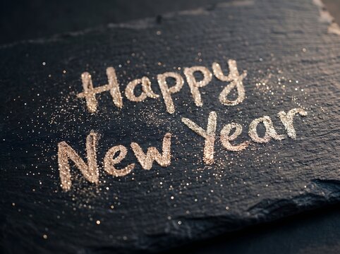 Happy new year 2027 written in golden glitter on a dark slate background festive celebration