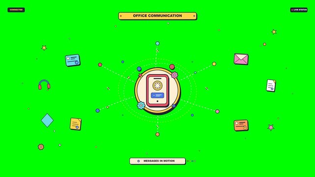 Digital Office Communication Network Illustration Featuring Central Mobile Connectivity Interface with Peripheral Business Icons