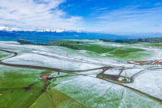 Aerial view of a vast green highland meadow sprinkled with early snow against a backdrop of snow-capped mountains in Kalajun Grassland, Xinjiang, China