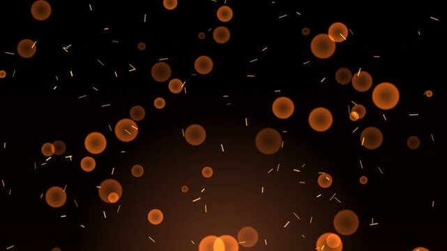 Glowing orange bokeh circles and rising dust particles drifting slowly across dark atmospheric night background
