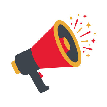 Red megaphone with abstract sparks for announcement and marketing promotion dark grey bullhorn loudspeaker