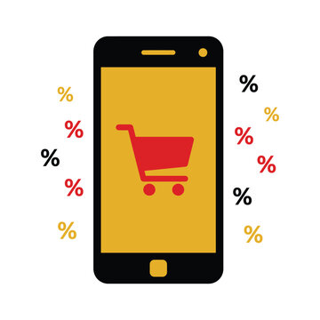 Smartphone displaying a shopping cart symbol surrounded by percentage signs for online discount sales with mobile commer