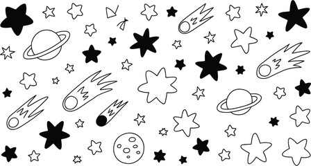 Seamless space pattern featuring hand drawn stars comets saturn ringed planets and moon doodles isolated on a white background vector © Md