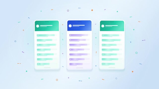 Three colorful mobile app interface mockups displayed on a clean light blue background.