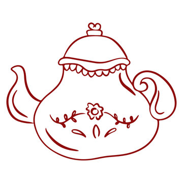 Cute vintage teapot with heart detail line art vector illustration, romantic afternoon tea element outline icon
