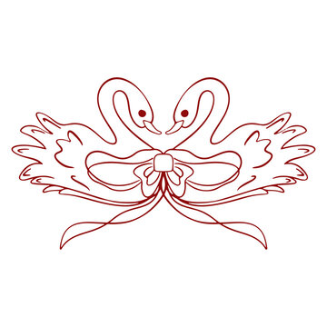Two swans forming heart shape tied with ribbon line art vector illustration, romantic love birds line drawing for valentine day