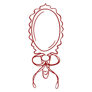 Vintage hand mirror tied with ribbon bow line art vector illustration, coquette aesthetic vanity mirror doodle